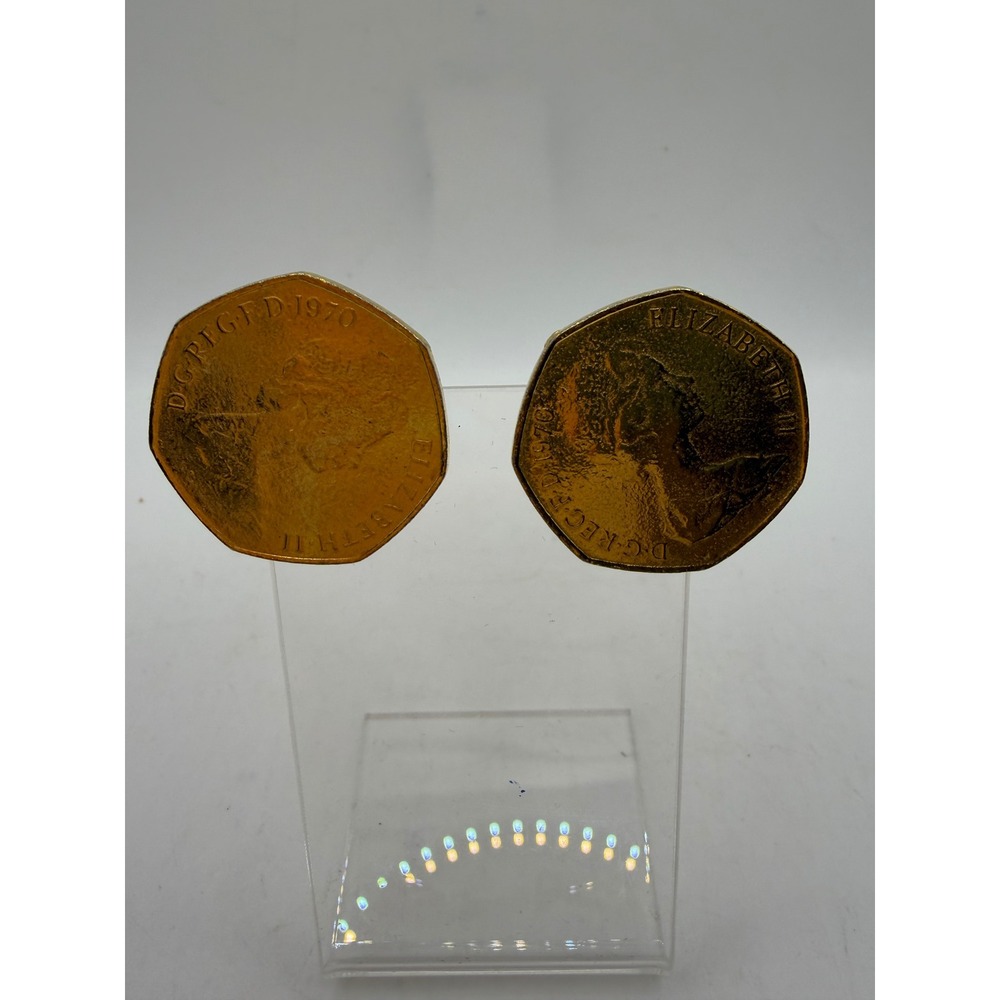 Vintage 1970 British 50 New Pence Coin Clip On Earrings Gold Queen Elizabeth